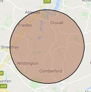 Map showing the three mile radius